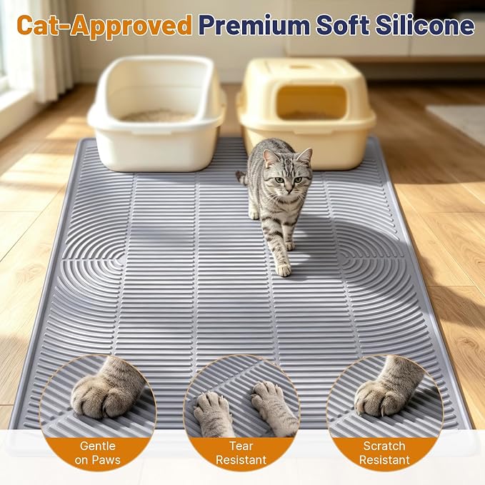 Cat Litter Mat, XL 46x35in Waterproof Silicone Litter Box Mat, Grey | XXL Cat Mat Fits 2-4 Litter Boxes, Litter Trapping Mat with Raised Edges & Textured Surface, Non-Slip Bottom, Easy Clean