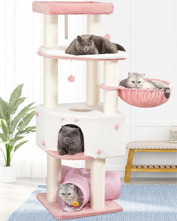 Cat Tree Tower for Large Cats Adult - 60 Inch XXL Sturdy Heavy Duty Extra Wide Scratching Posts (φ4.4in) Condo - Indoor Big Cat House Hammock Perch - XL Wood Multi Level Feline Pet Bed Trees Houses