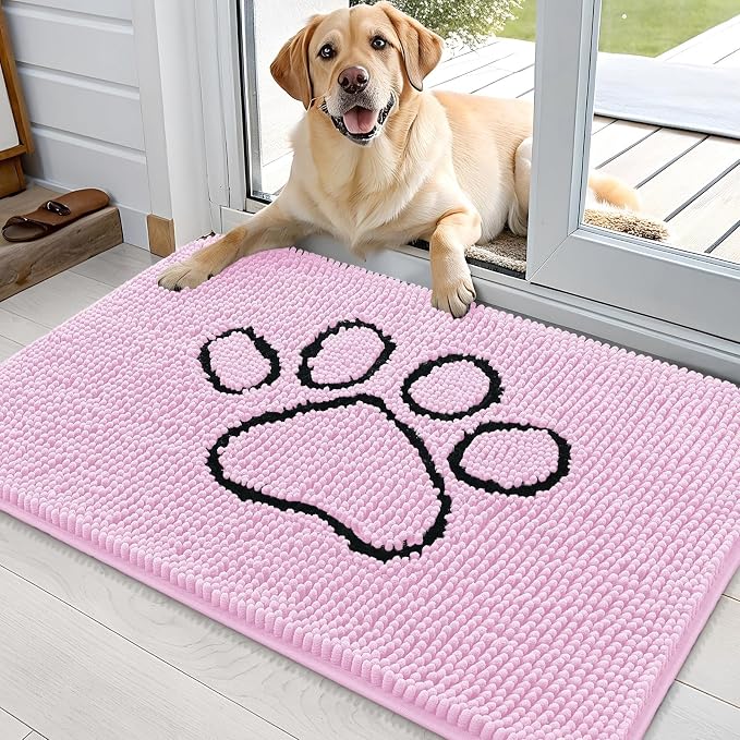 OLANLY Dog Door Mat for Muddy Paws 36x24, Paw Print Design Chenille Mud Mat | Pink, Super Absorbent, Traps Moisture and Dirt, Non-Slip Washable Doormat, Quick-Drying Indoor Entryway Floor Carpet for Dogs