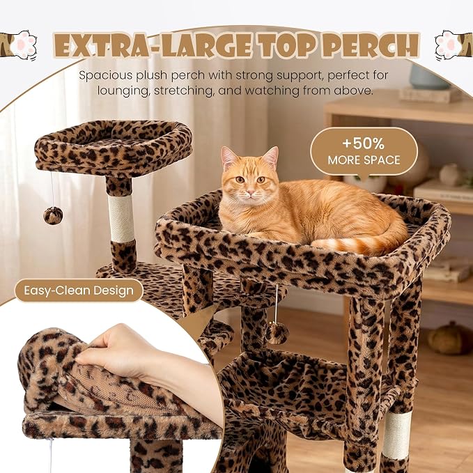 Sha Cerlin 87 in Multi-Level Tall Cat Tree Tower for Large Cats/Extra Wide Feline Activity Center/Sisal Scratching Posts/Wide Base/Cozy Plush Perches/Baskets/Hammocks/Toy Balls/Leopard Print