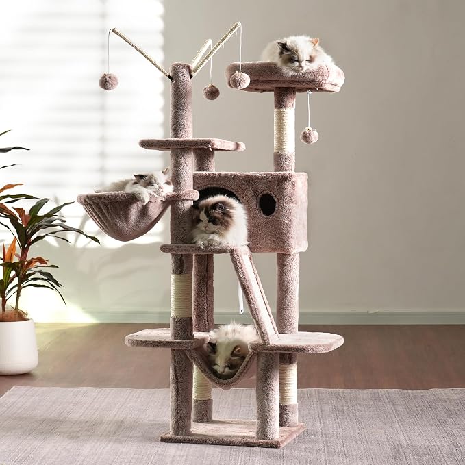 Hey-brother Cat Tree Tower with Padded Platform Bed, Hammock, MPJ019-SMU | 53 Inches Cat House with Large Cozy Condo, Toy Balls and Sisal Scratching Posts for Indoor Multi-Cats, Muchroom