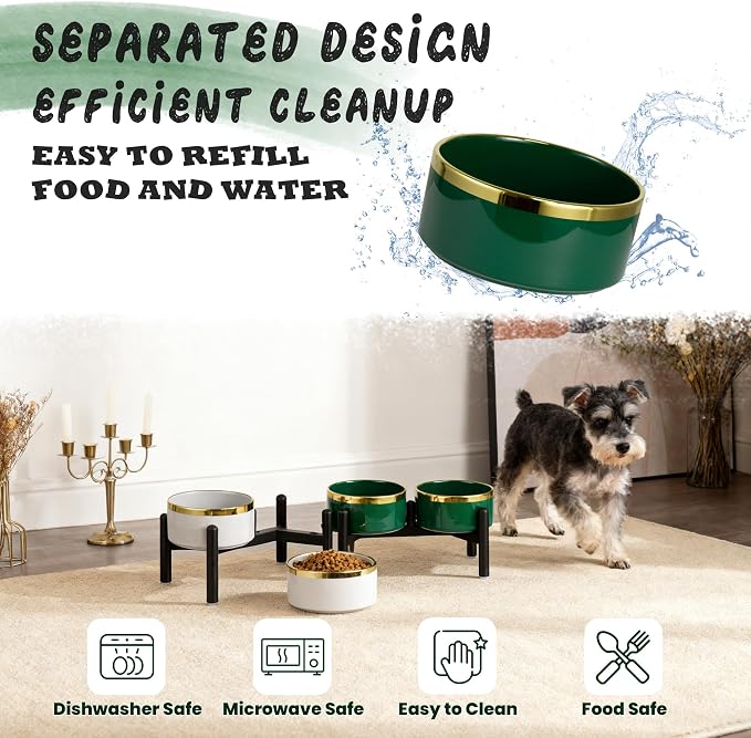 Ceramic Elevated Dog Bowl Set - Dog Feeder Station with Double Bowls for Small and Medium Size Breed - Non-Slip Raised Dish for Food and Water Feeding- 6 Inch - 3.5 Cups / 22 fl oz - Green