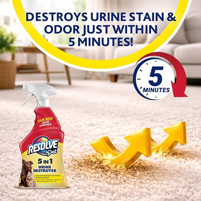 Resolve 5-in-1 Urine Destroyer Carpet Cleaner Spray – Urine Eliminator for Pet Stains & Odors Up to 7 Days Old, 22oz