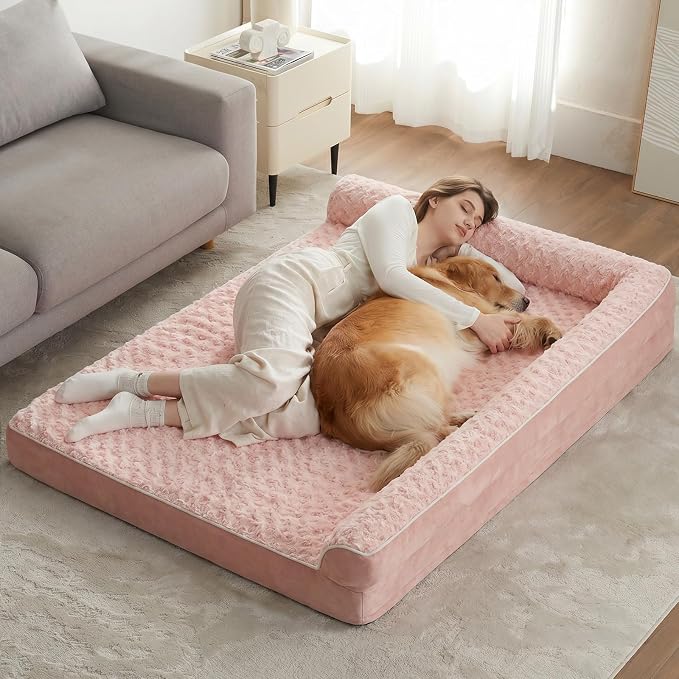 BFPETHOME Orthopedic Washable Dog Bed, Sleeping Couch for Large Senior Dogs | Deluxe Plush Rose Velvet Washable Cover, Egg Crate Foam Support, Waterproof Lining, Non-Slip Bottom, Senior Dogs
