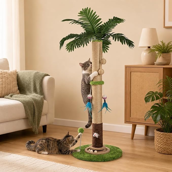 Cat Scratching Post, 35 Inch Tall Sisal Rope Cat Scratcher Tree, Scratching Posts for Indoor Cats Adults with Interactive Cat Toy, Mouse Hole & Ball Track for Kittens Adults Cats