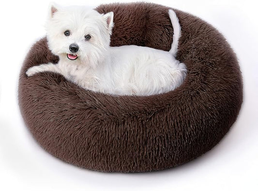 Calming Round Dog Bed & Cat Bed with Anti-Slip Bottom, Medium Size Washable Anti-Anxiety Donut Dog Beds for Small Dogs & Cats, Fluffy Plush Soft Dog Bed(24 Inch, Dark Brown)