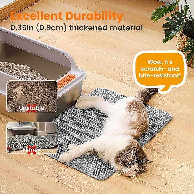 Cat Litter Mat, Double Layer Honeycomb Litter Box Mat | 24x18”, Efficient Litter Trapping, Easy to Clean, Waterproof, Non-Slip, Soft on Paws, Scratch Resistant, Gray, Large