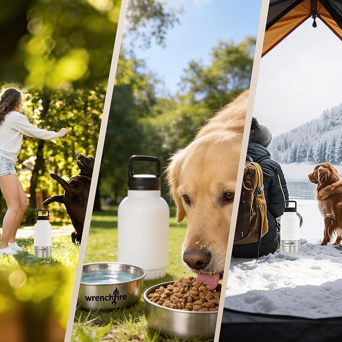 32 oz Instulated Stainless Steel Dog Water Bottle with 2 Detachable Bowls,Portable Cat Travel Dispenser with Brush for Walking Hiking Camping,White