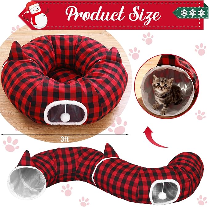 Dansydaisy Cat Tunnel Christmas Tree Skirt, Plaid Buffalo Cat Tunnel Bed with Toys, Hanging Pom Ball Plush Washable Cushion and Dangling Balls 3FT Peekaboo Playground for Small Rabbit Xmas Decor