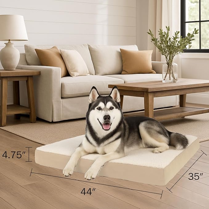 Orthopedic Dog Bed - 2-Layer Memory Foam Crate Mat with Machine Washable Sherpa Cover - 44x35 Pet Bed for Large Dogs up to 100lbs by PETMAKER (Tan)