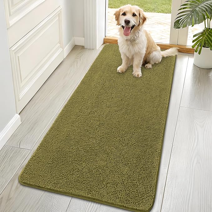 OLANLY Dog Door Mat for Muddy Paws 70x35, Super Absorbent Chenille Mud Mat | Willow Green, Absorbs Moisture and Dirt, Non-Slip Machine Washable Doormat, Quick-Dry Indoor Entryway Floor Carpet for Dogs