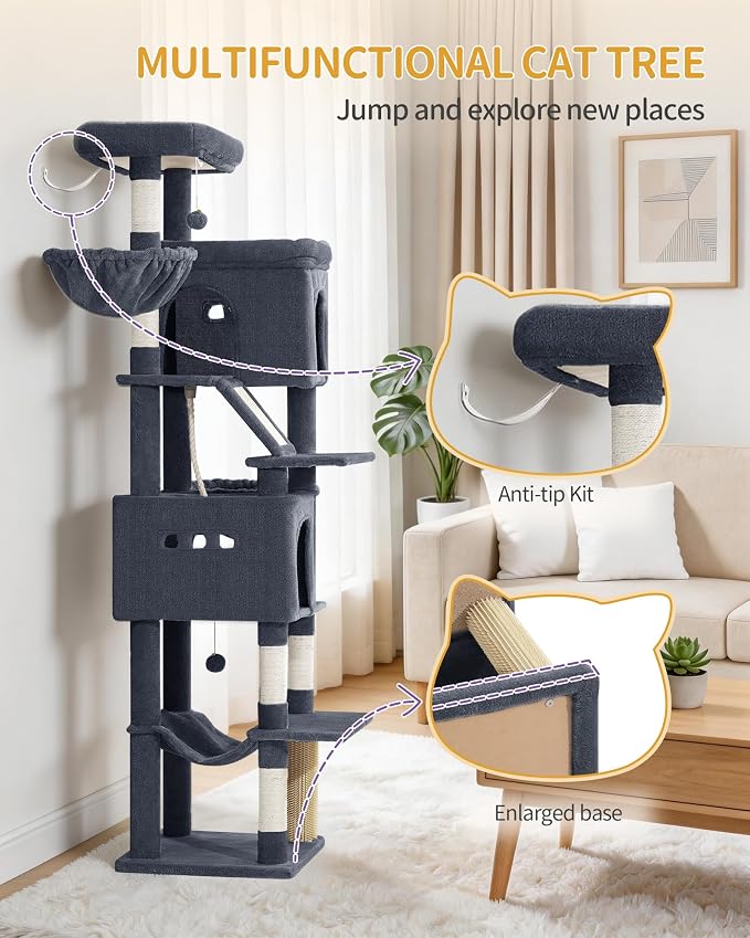 Hzuaneri Tall Cat Tree 75 Inch, Indoor Large Multi-Level Cat Tower | Cat Condo Furniture with 5 Scratching Post, 2 Hanging Basket, 2 Condo, 2 Large Platform, Pet Play House, Dark Grey MS19018SG