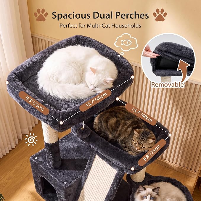 Heybly Compact Cat Tree with Big Scratcher, Stable Cat Tower HCT206SG | 27.2" Cat Furniture with 2 Top Perches, Floor Cat Condo, Cozy Hammock, Space-Saving Cat Activity Center, Smoky Gray