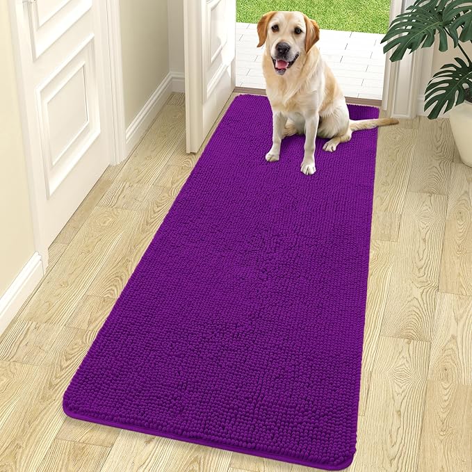 OLANLY Dog Door Mat for Muddy Paws 70x24, Super Absorbent Chenille Mud Mat | Purple, Absorbs Moisture and Dirt, Non-Slip Machine Washable Doormat, Quick-Drying Indoor Entryway Floor Carpet for Dogs
