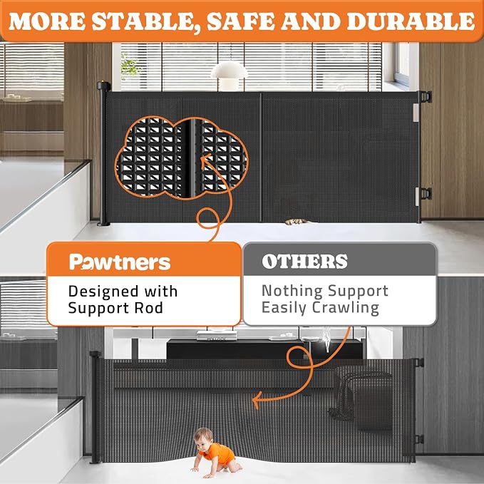 Upgrade Retractable Baby Gates, 35" Tall Extends up to 60" Wide, Mesh Dog Gate Indoor for Stairs, Outdoor Reinforced Pet Gate with Support Rods for Doorways Hallways Kitchen Bedroom, Black