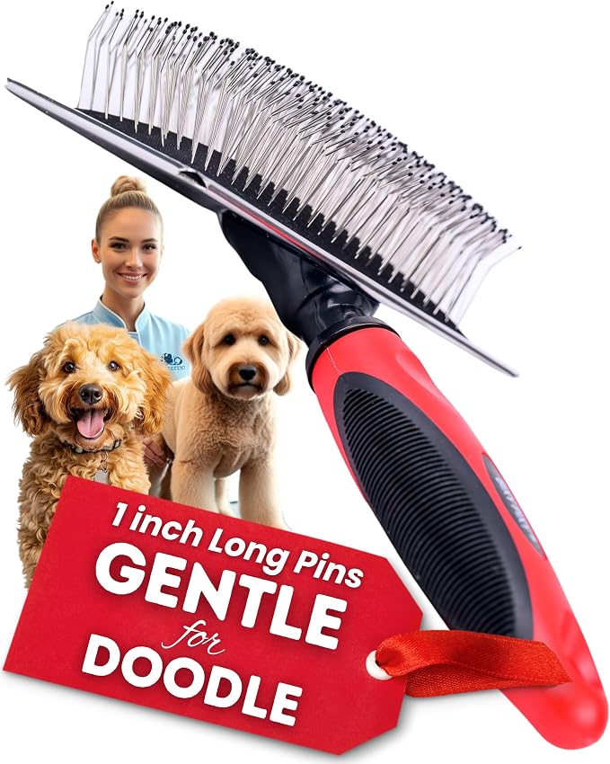 Dog Slicker Brush - Large - Protective Ball Tipped Pins Massages Pet Skin - Professional Groomer Dog Brush for Goldendoodle - Golden Retriever Brush (Large Size)