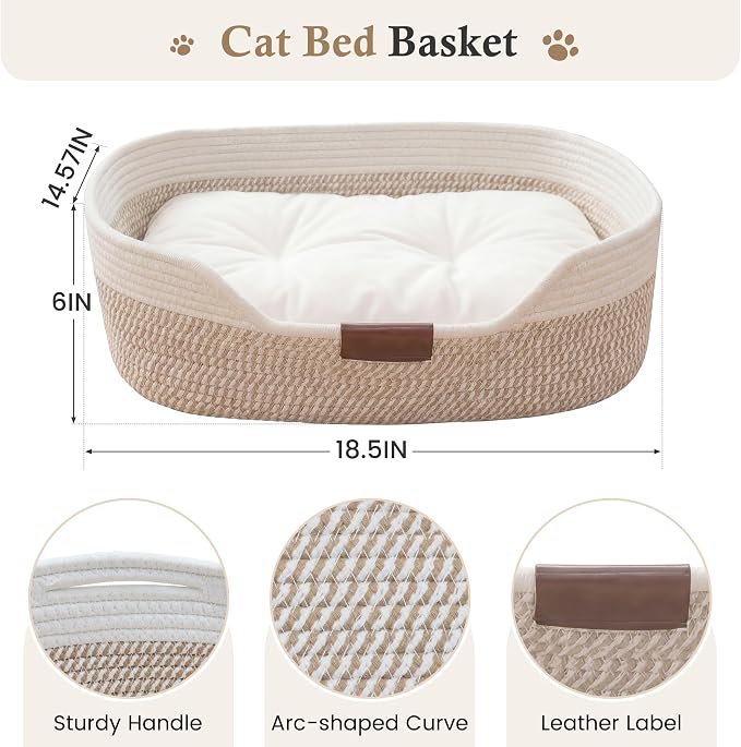 YOUDENOVA Cat Bed Basket with Removable Cushion,Stimulicat Handwoven Cat&Dog Basket,Cat Beds for Indoor Cats Couch, Kitten Bed for Medium and Large Cat, All Season Universal
