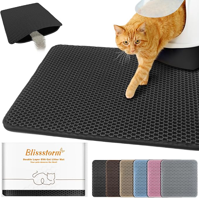 Cat Litter Mat 18"x24",Double Layer EVA litterbox Mat, Black | Waterproof honeycomb large grid, urine-proof and odor-free. Traps litter, easy cleanup,Washable, non-slip backing