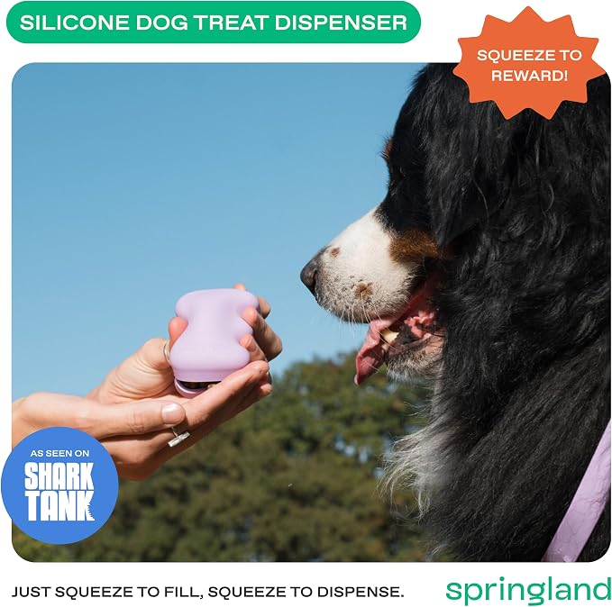 Springland Silicone Dog Training Treat Pouch for Leash, Lilac | One-hand squeeze dispenser, food-grade silicone, BPA-free, carabiner included, easy-fill holder for rewards on the go