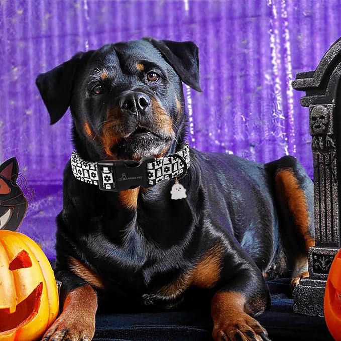 ARING PET Halloween Dog Collar, Ghost Flower Pet Collars for Small Medium Large Girl Boy Dogs Puppy Collar with Quick Release Buckle-Black White XL Size