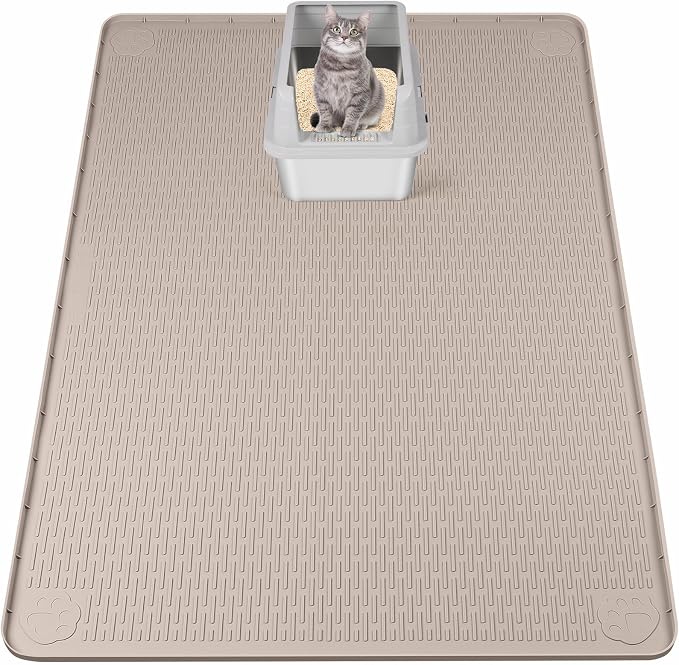 Silicone Cat Litter Mat for Litter Box 50”x35” Large Cat Mat, Khaki | Waterproof, Non-Slip, Leak-Proof Rug Mat with Lip, Easy to Clean, Extra Large Litter Catcher Mat for Floor