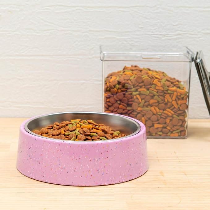 bzyoo 32oz 4CUP Dog & Cat Bowl, Sprinkle Design, Slanted Stainless Steel Pet Bowl with Removable Inner Bowl, Non-Slip Silicone Base, Dishwasher Safe, for Dry/Wet/Raw Food & Water (Pink)