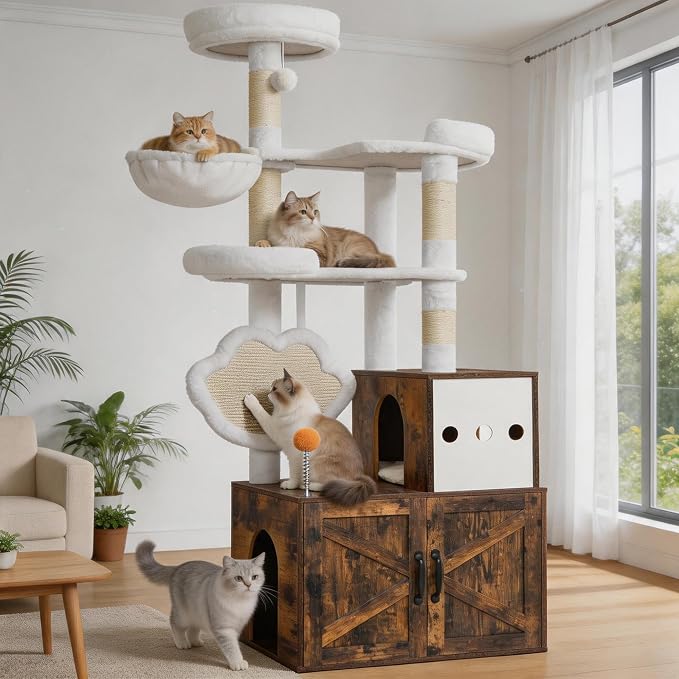 Heybly Cat Tree with Litter Box Enclosure, Modern 64" Hidden Tower HCT105SR | All-in-One Solid Wood Cat Condo for Indoor Cats with Paw-Shaped Board, Multi-Level Perch & Playzone, Rustic Brown