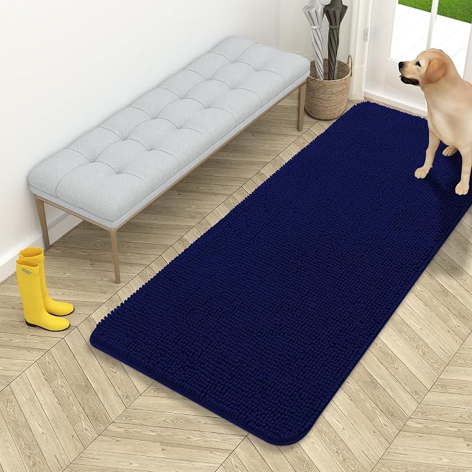 OLANLY Dog Door Mat for Muddy Paws 54x24, Super Absorbent Chenille Mud Mat | Navy Blue, Absorbs Moisture and Dirt, Non-Slip Machine Washable Doormat, Quick-Drying Indoor Entryway Floor Carpet for Dogs