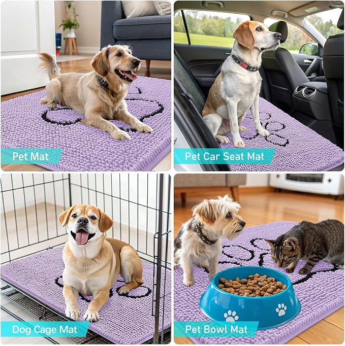 OLANLY Dog Door Mat for Muddy Paws 48x30, Paw Print Design Chenille Mud Mat | Lavender, Absorbent, Traps Moisture and Dirt, Non-Slip Washable Doormat, Quick-Drying Indoor Entryway Floor Carpet for Dogs