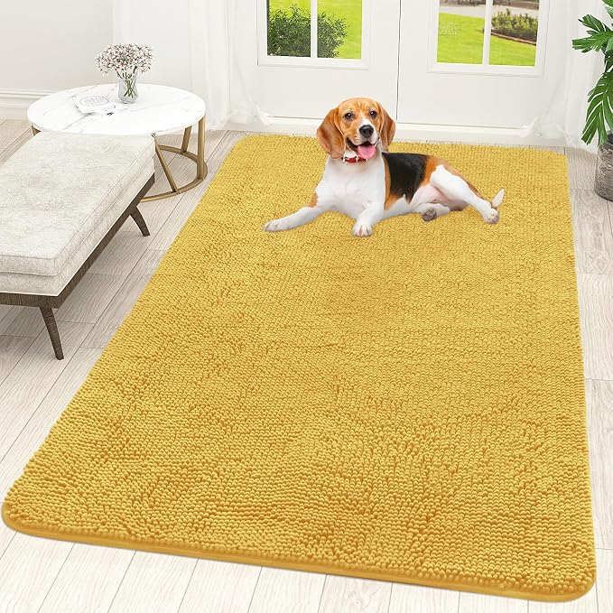 OLANLY Dog Door Mat for Muddy Paws 59x35, Super Absorbent Chenille Mud Mat | Yellow, Absorbs Moisture and Dirt, Non-Slip Machine Washable Doormat, Quick-Drying Indoor Entryway Floor Carpet for Dogs