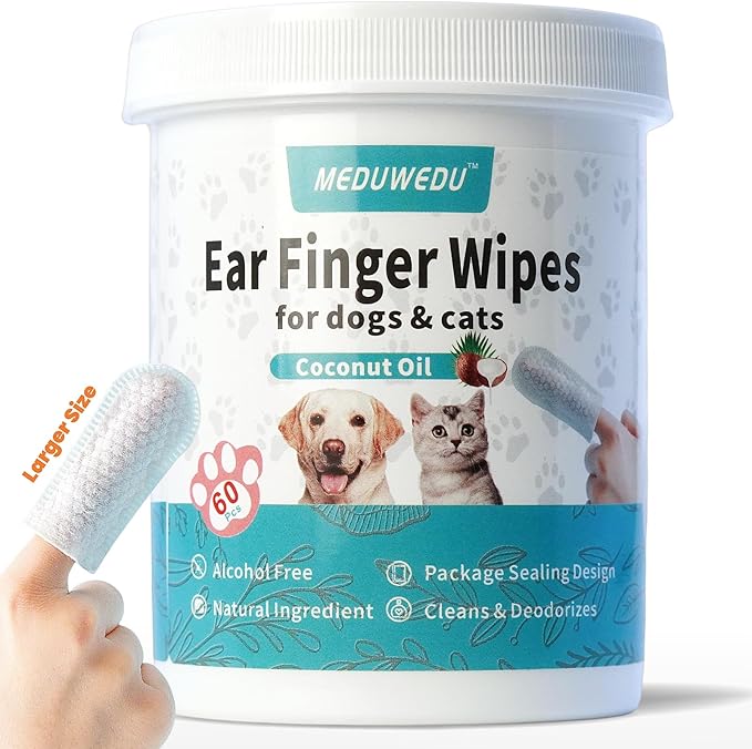 MEDUWEDU Wider Ear Cleaner Finger Wipes 60 Counts, Dog Ear Cleaner, Grooming Kit Care for Dogs and Cats,Otic Cleaning Pads, Remove Wax, Dirt & Stop Smelly, Itchy, Non-Irritating, Coconut Scent