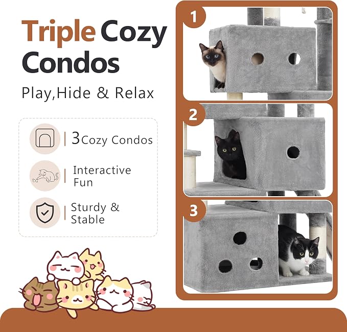 Heybly Cat Tree, 74-Inch Streamlined Cat Tower for Large Cats HCT061W | Cat Furniture with 3-Tier Stacked Condos, Large Perch, Sturdy Base, Full Sisal Scratching Posts & Ramp, Light Gray