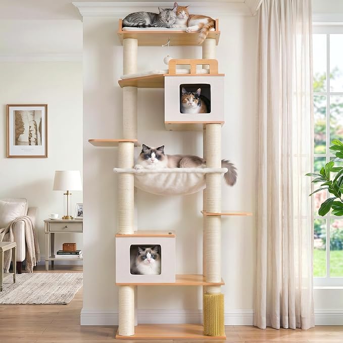 Cat Tree, Wooden Multi-Level Tower for Large Audlt Cats GCT104WB | 76" Cat House Furniture with Big Hammock, 2 Condos，2 Wood Platforms with Safety Railing, Sisal Scratching Posts, Walnut
