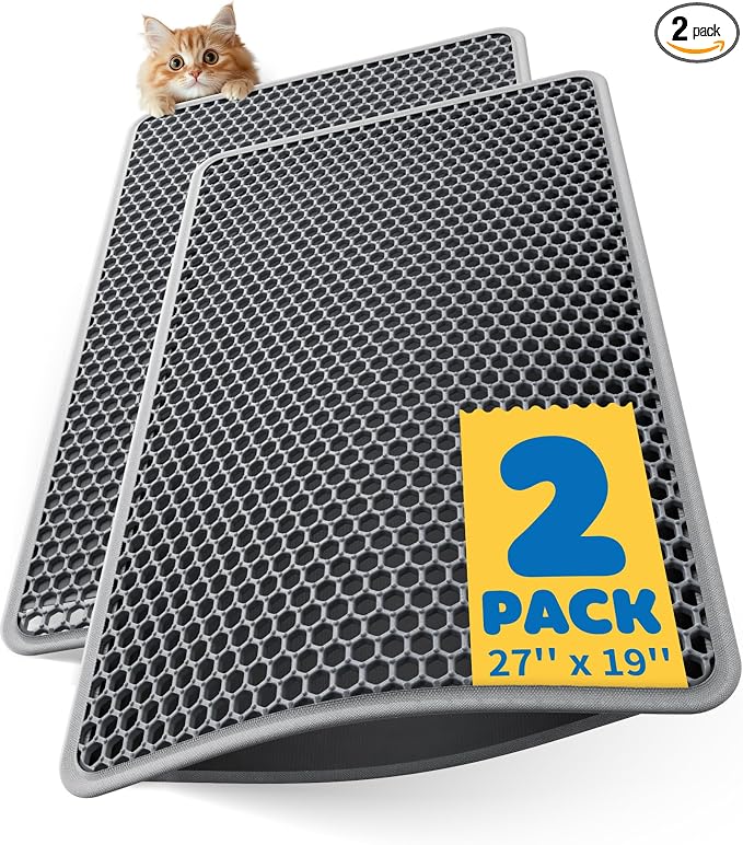 Powools Ultra-Large Cat Litter Mat, 27'' x 19", Double-Layer, Grey, 2 Pack | Urine-Proof, Non-Slip Litter Trapping Mat, Easy to Clean, Kitty Litter Mats for Floor, Scatter Control
