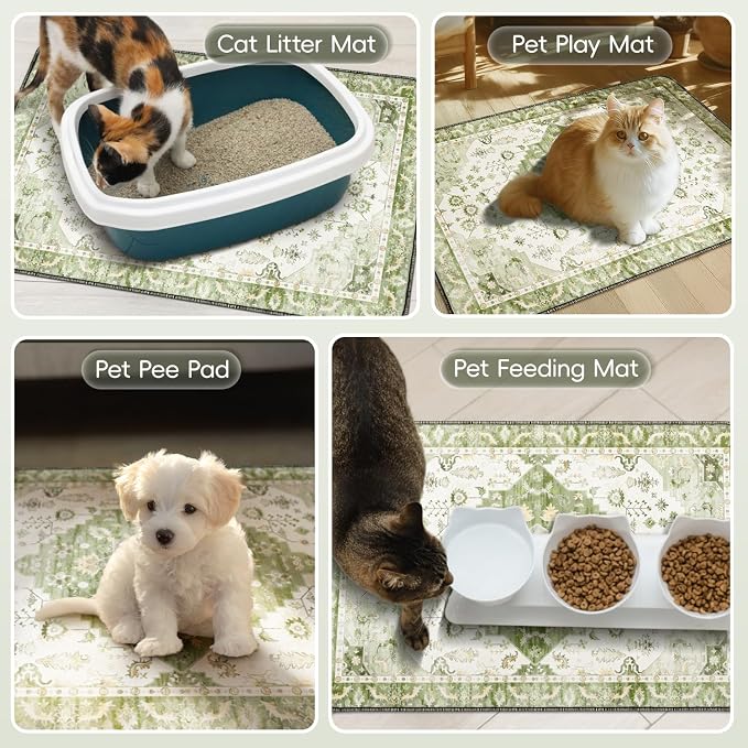 Cat Litter Mat Litter Trapping Mat, 35"x23" Waterproof Urine Proof Litter Box Mat Catcher Mat Non-Slip Washable for Kitty Kitten, Green
