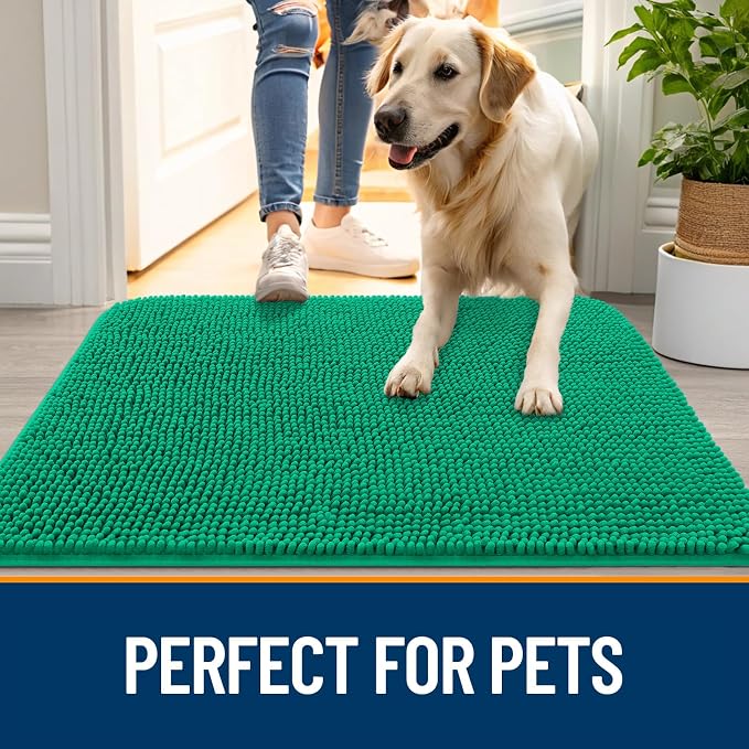 OLANLY Dog Door Mat for Muddy Paws 24x16, Super Absorbent Chenille Mud Mat | Emerald Green, Absorbs Moisture and Dirt, Non-Slip Machine Washable Doormat, Quick-Dry Indoor Entryway Floor Carpet for Dogs