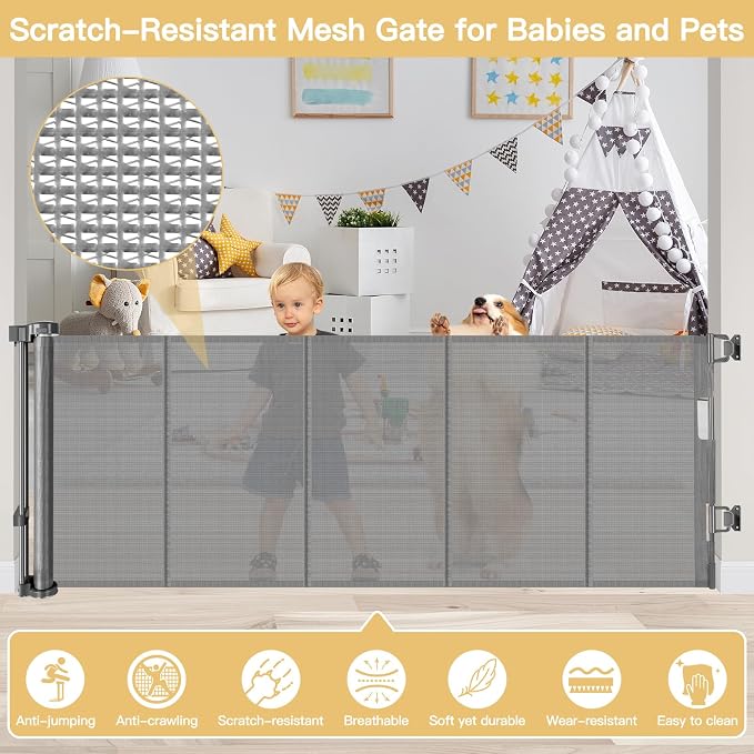 Reinforced 28" Tall Step Over Dog Gate x 100" Extra Wide Retractable Baby Gate with Support Rods, Mesh Baby Gate Retractable Pet Gate Indoor Retractable Gate Outdoor Puppy Gate Long Dog Gate, Gray
