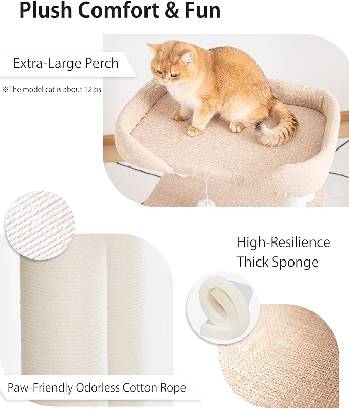 Cat Tree for Large Cats, Modern Senior Friendly Cat Tower with Wide Shelves, Cotton Scratching Posts, Super Sturdy Base, Cozy Perches, and Interactive Toys for Indoor Kittens, 37.4'' Ivory.