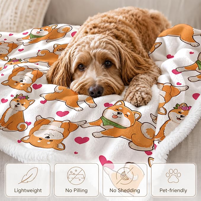 BlessLiving Shiba White Throw Blanket with Dense Dog Patterns Sherpa Fleece Blanket Couch Bed, Soft Cozy Warm Pet Blankets for Kawaii Puppy Lovers Pink Heart Cute Animal Print Gift 50x60 Inches