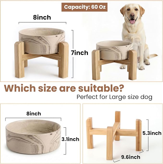 hjn Elevated Ceramic Dog Bowl with Bamboo Stand, Raised Pet Feeding Station for Small Medium Dogs Cats, Modern Design with Anti-Slip Base (Marble Brown, 7.6Cup)