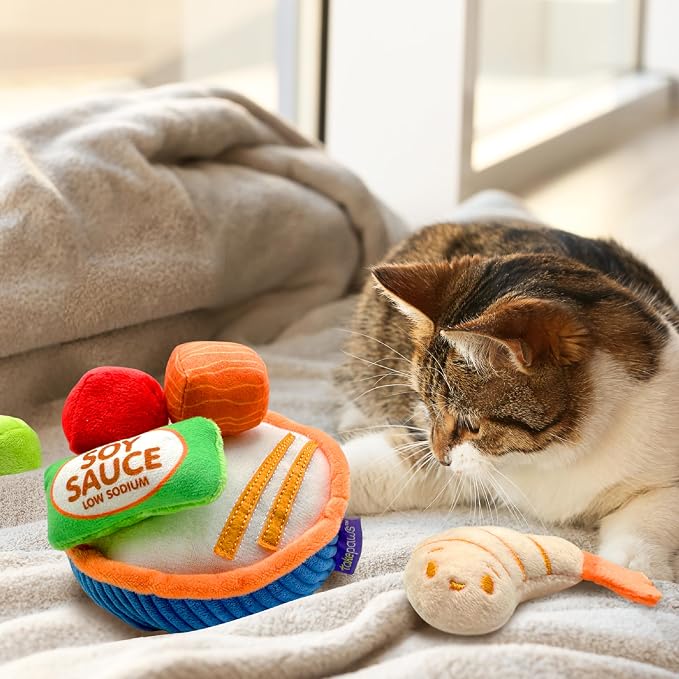 Pounce & Purr Sushi Cat Toys with Catnip & Silvervine 6-Piece Plush Set for Indoor Cats & Kittens, Kitten Chew Toy, Kicker & Boredom Relief - Poké Bowl Playset