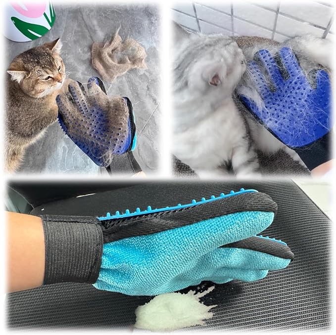 VCZONE 2 in 1 Cat Grooming Glove, Double-Sided Use Pet Hair Remover Glove, 1 Side is Gentle Grooming for Dogs, Cats, the Other is Effective Hair Remover for Furniture, Clothing (Blue, Right-Hand)
