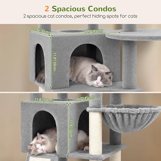 Globlazer Maine Coon Corner Cat Tree for Indoor Cats 74in, C74, Light Grey | Tall Heavy Duty Cat Tower for Large Multiple, 2 Big Platforms, 2 Extra Large Cat Condos, 2 Baskets, Sisal Scratching Board
