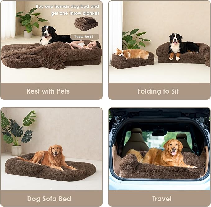 EHEYCIGA Foldable Human Dog Bed, 72"x44"x11" Orthopedic Memory Foam Human Sized Dog Bed, Waterproof Pet Bed for People, Faux Fur Pet Couch for Adult with Non-Slip Bottom, Brown