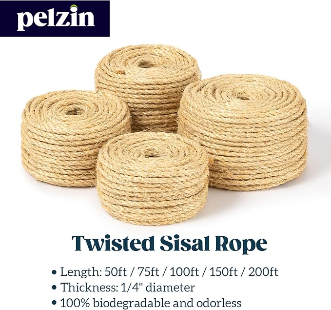 Pelzin Natural Sisal Rope for Cat Scratcher 1/4 Inch by 200 Feet, Cat Tree Rope Twine for Cat Scratching Post Replacement, Cat Tower with Scratch Post Repairing, Replace, Recovering and DIY, Natural