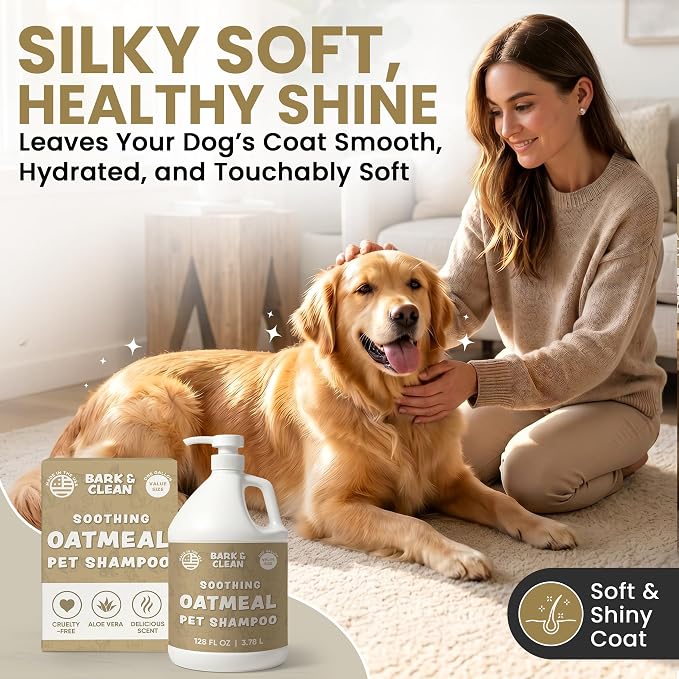 Oatmeal Dog Shampoo for Itchy Dry Skin, 1 Gallon with Pump - Hypoallergenic Anti-Itch Allergy & Sensitive Relief, Smelly Dogs, Aloe Vera Coconut Oil, Sulfate and Paraben Free, Made in USA Bark & Clean