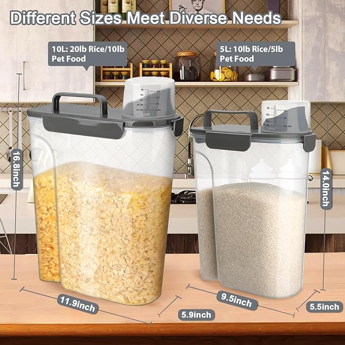 Rice Storage Containers, Airtight Cereal Containers Storage, BPA Free Rice dispenser for Flour, Pasta, Grain and Baking, Pet Dog Cat Bird Food Container 20lb+ 10lb Grey