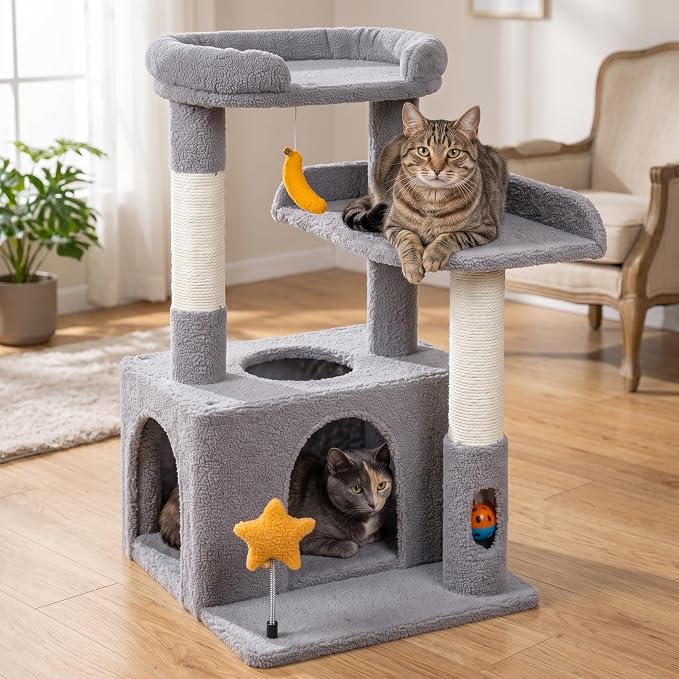 30" Cat Tower for Kittens, Compact Light Gray Cat Tree Indoor | Plush Finish, Cozy Condo, Soft Top Perch, Sisal Scratching Post, Dangling Ball Toy, Anti-Tip Base, for Cats up to 15 lbs