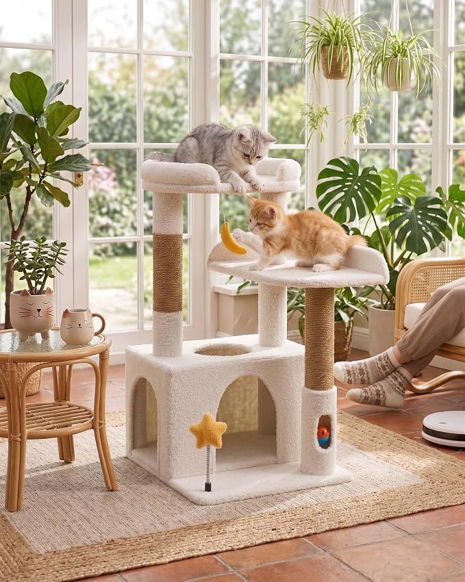 30" Kitten Cat Tower, Compact Beige Cat Tree with Condo & Perch | Plush Finish, Cozy Condo, Soft Top Perch, Sisal Scratching Post, Dangling Ball Toy, Anti-Tip Base, for Cats up to 15 lbs