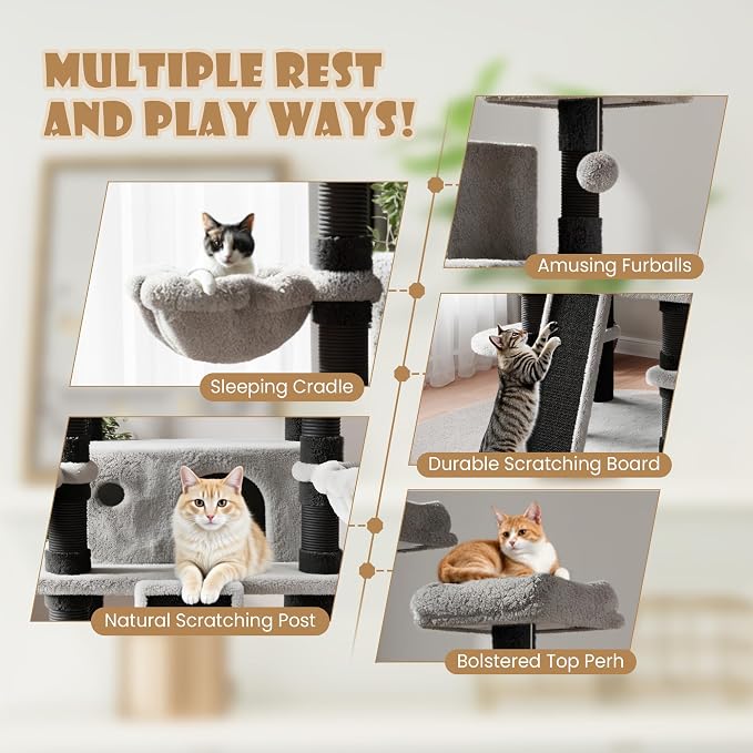 SHA CERLIN 68 Inches Multi-Level Large Cat Tree for Large Kitties/Big Cat Tower with Condo/Cozy Plush ‌Pussycat Perches/Sisal Scratching Posts and Hammocks/Activity Center/Black & Grey